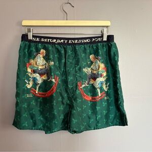 VTG 100% Silk Norman Rockwell Green Boxers with Illustrated Design Large